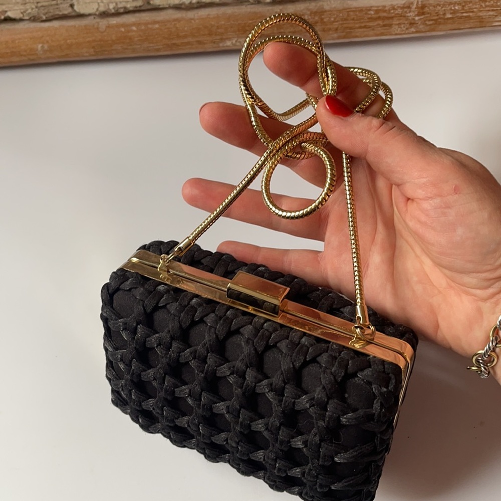 Banana Republic black satin knotted rope clutch purse gold serpentine chain